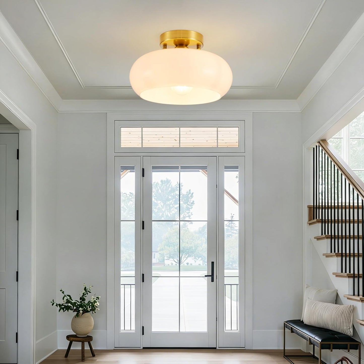 Lámpara techo semiempotrada dorada cristal blanco 11pulg