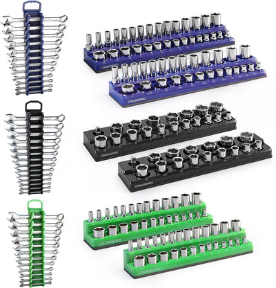 Set 9 organizadores magnéticos llaves 1/4 3/8 1/2 pulg y métricas
