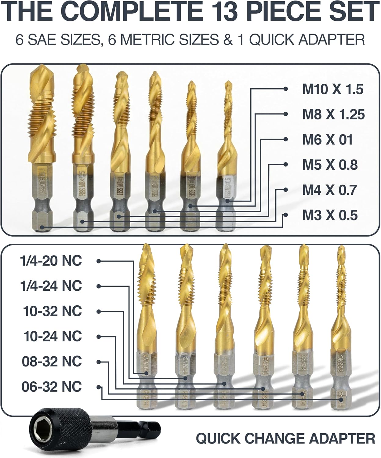 Set 13 Brocas SAE Titanio HSS 3en1 con Estuche