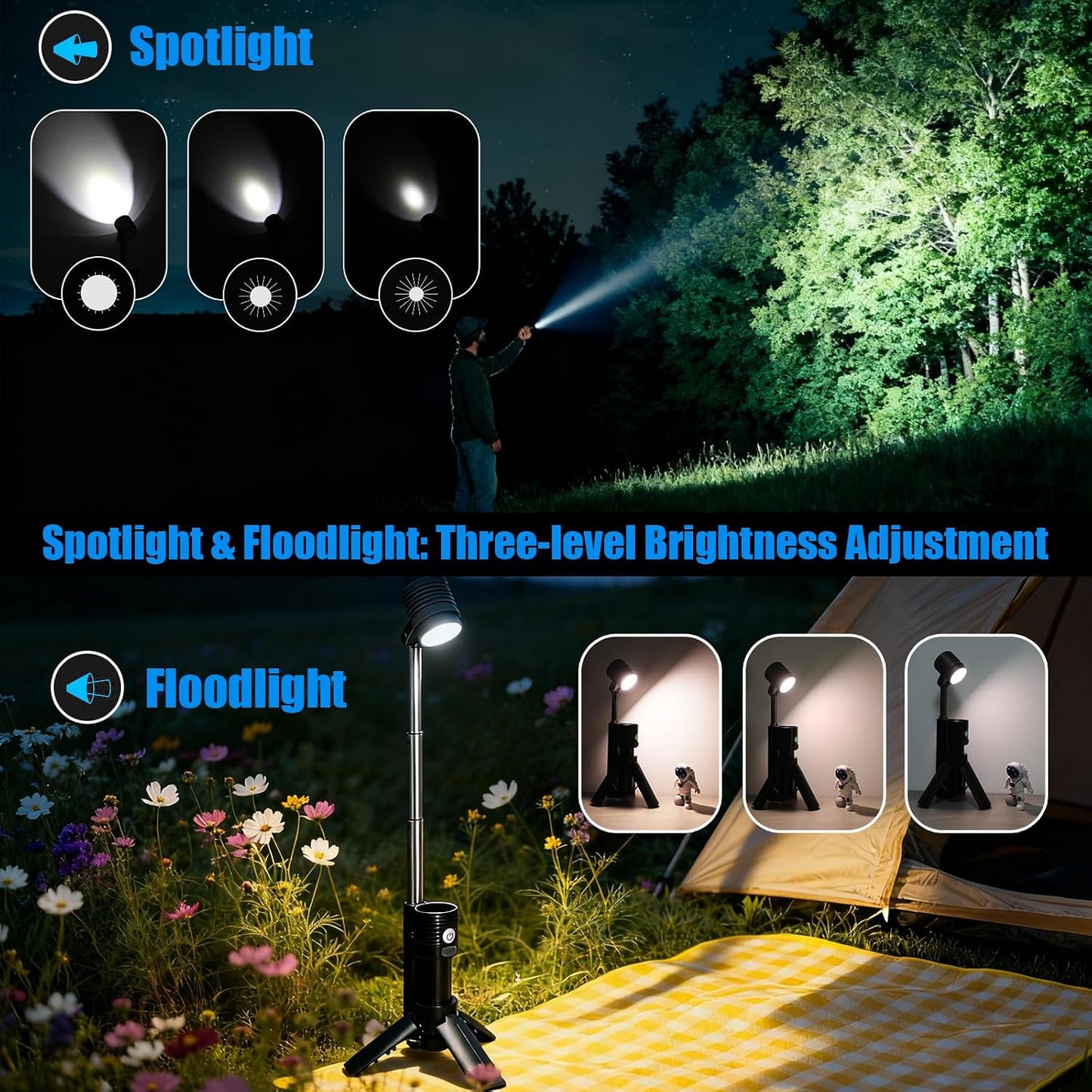 Linterna camping LED impermeable con imán negro
