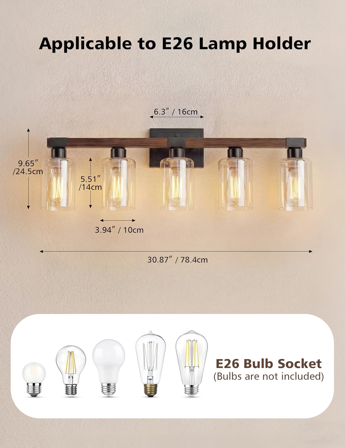 Lámpara baño rústica 5 luces sobre espejo madera certificada UL