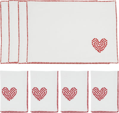 Set 8 manteles y servilletas bordados corazón rojo 13x19/18x18pulg
