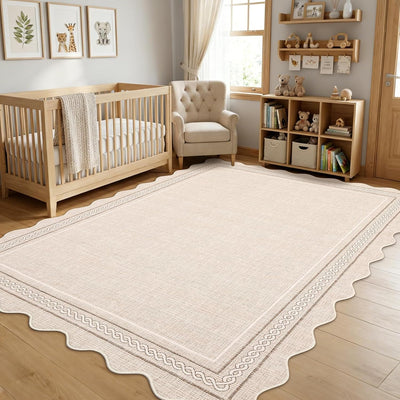Alfombra festoneada lavable 5x7ft antideslizante beige dormitorio
