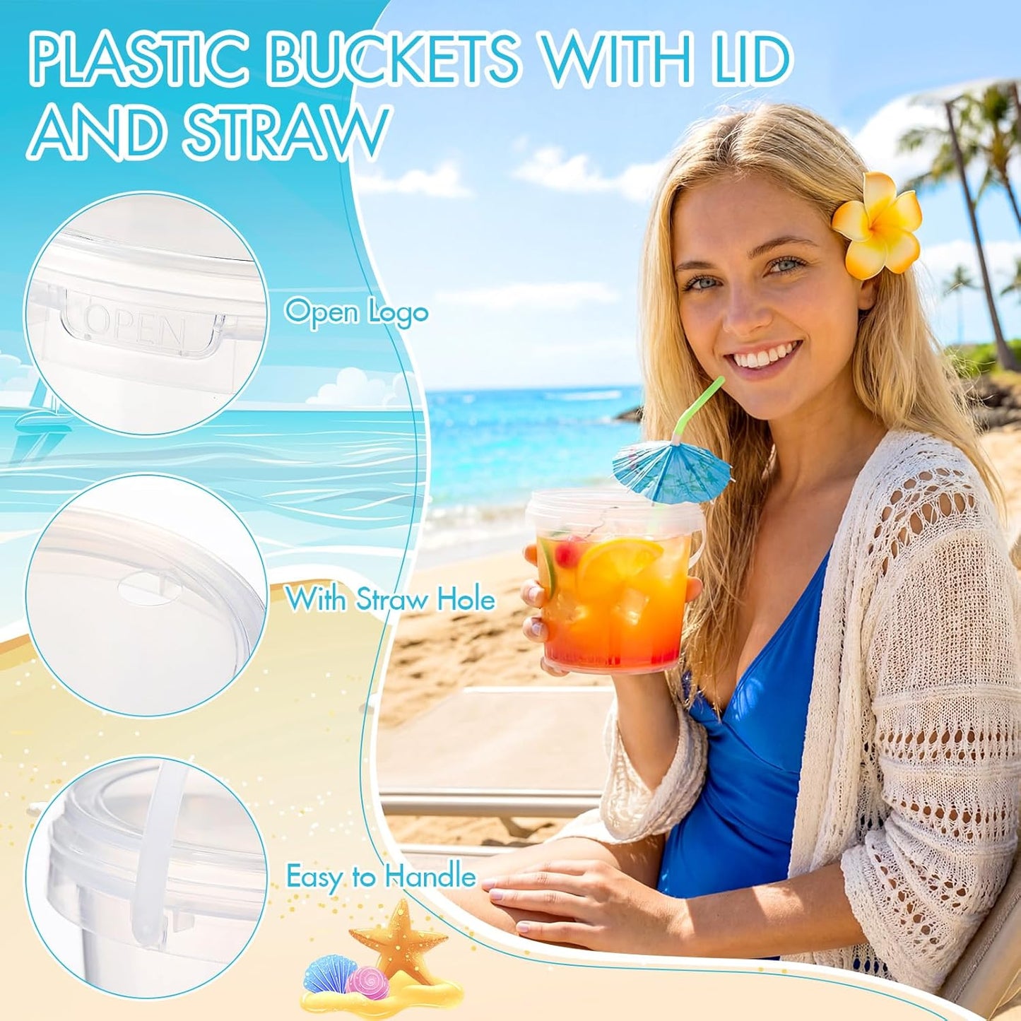 60 Pzas Cubos Plástico Transparente 25oz Con Popote Para Bebidas