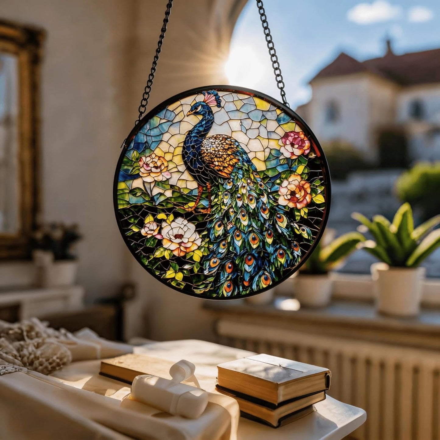 Atrapasoles cristal manchado azul decoración vitral 6.3pulg