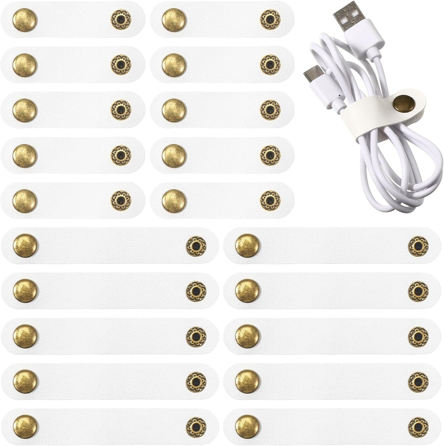Organiz. cables cuero a presión reutilizables blanco