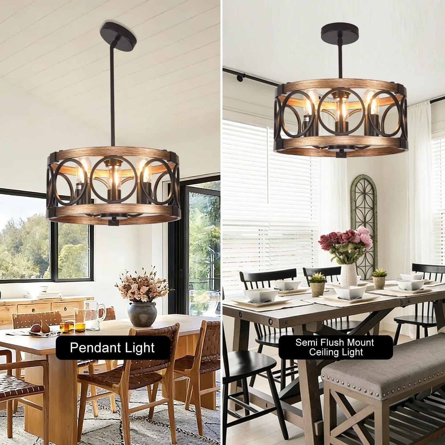 Lámpara techo 3 luces comedor negra 15.7pulg rústica madera