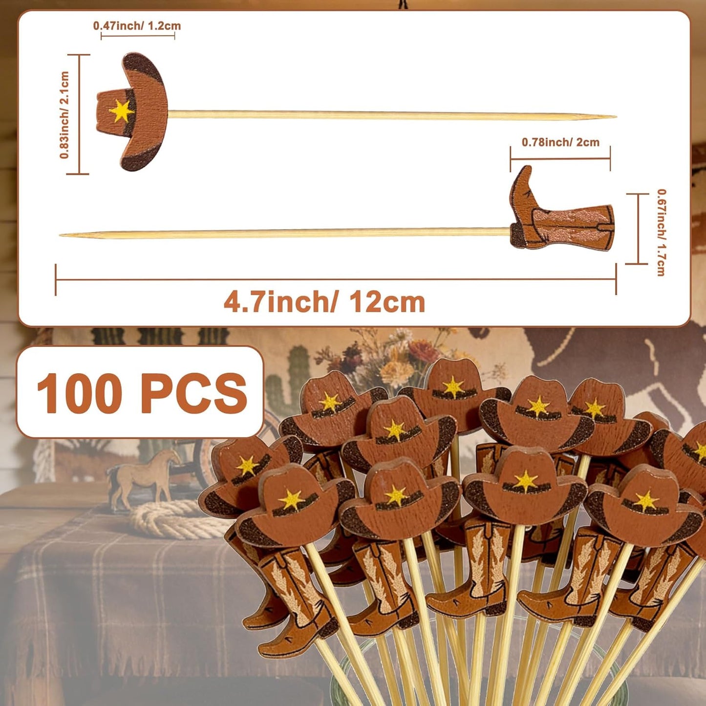100 palillos de cóctel vaquero, botas de 4.7 pulgadas, palillos de bambú para aperitivos y postres