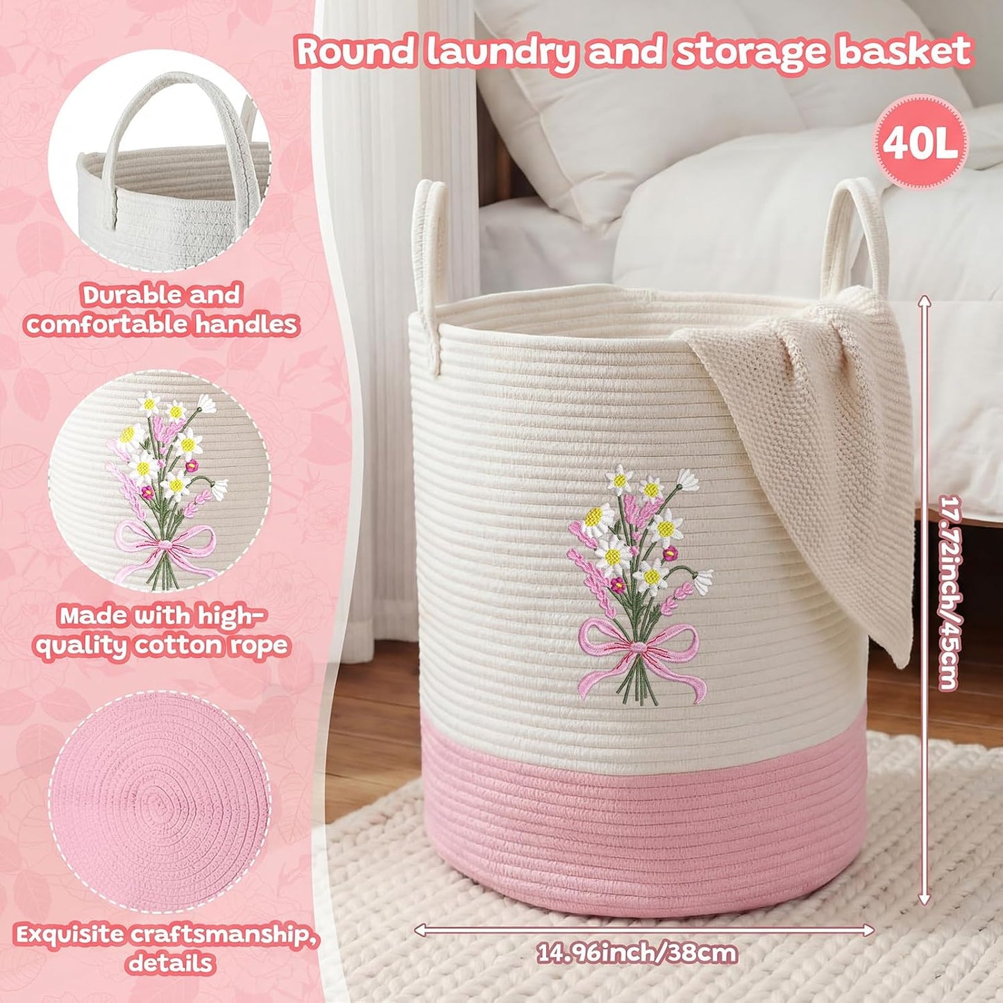 Cesta algodón lazo rosa 15x18pulg canasta ropa niña