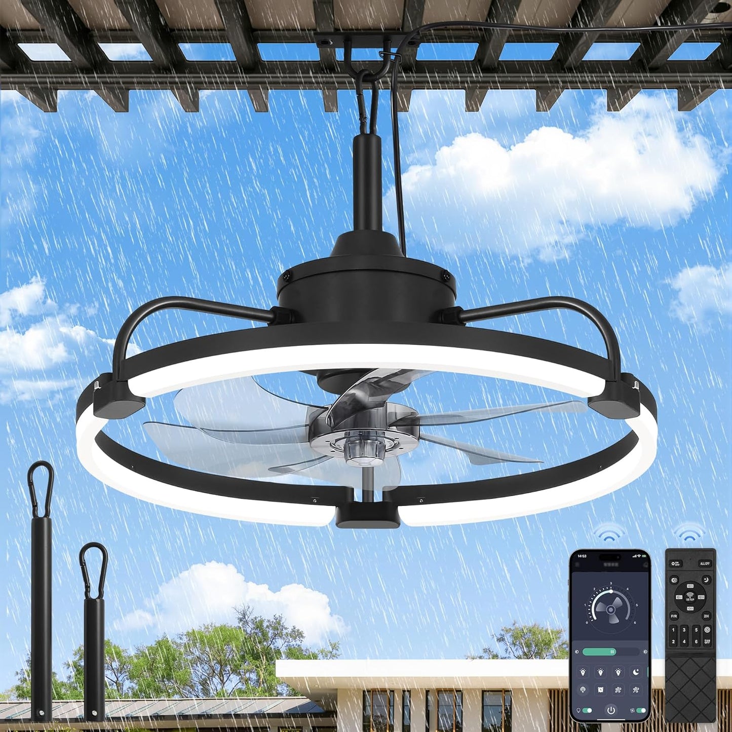Ventilador techo exterior 20pulg luces IP65 enchufable app 6 vel