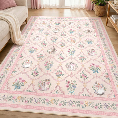 Alfombra floral rosa 5x7 antideslizante para dormitorio niña
