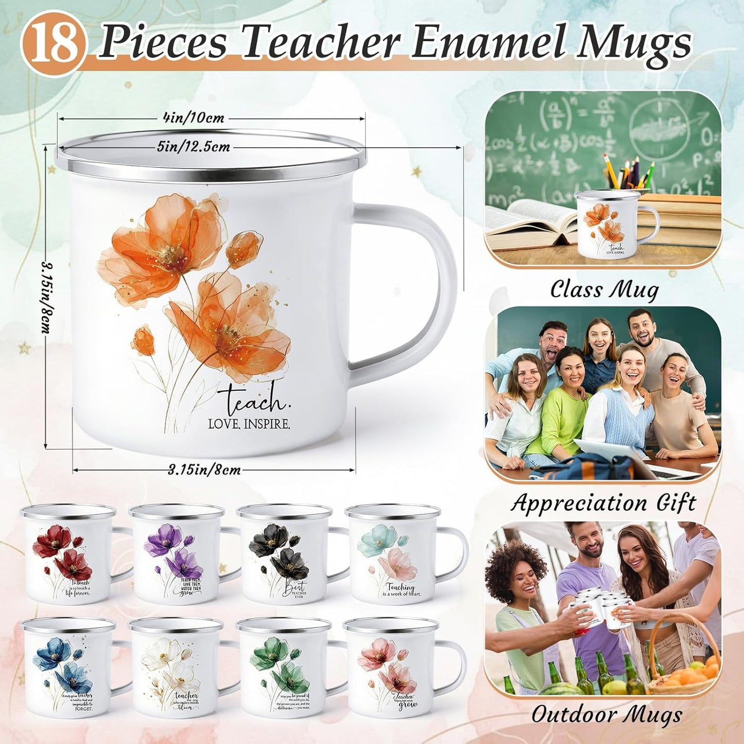 Taza café esmaltada 12oz regalo maestro 18uds flores