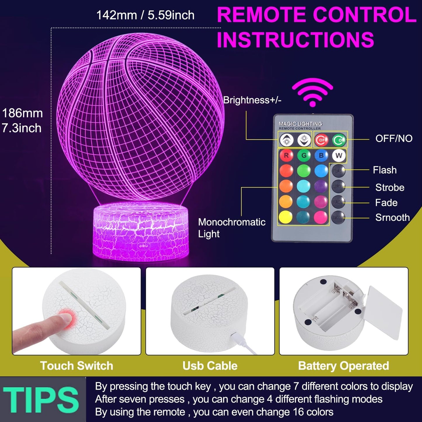 Lámpara ilusión 3D baloncesto con control remoto para niños