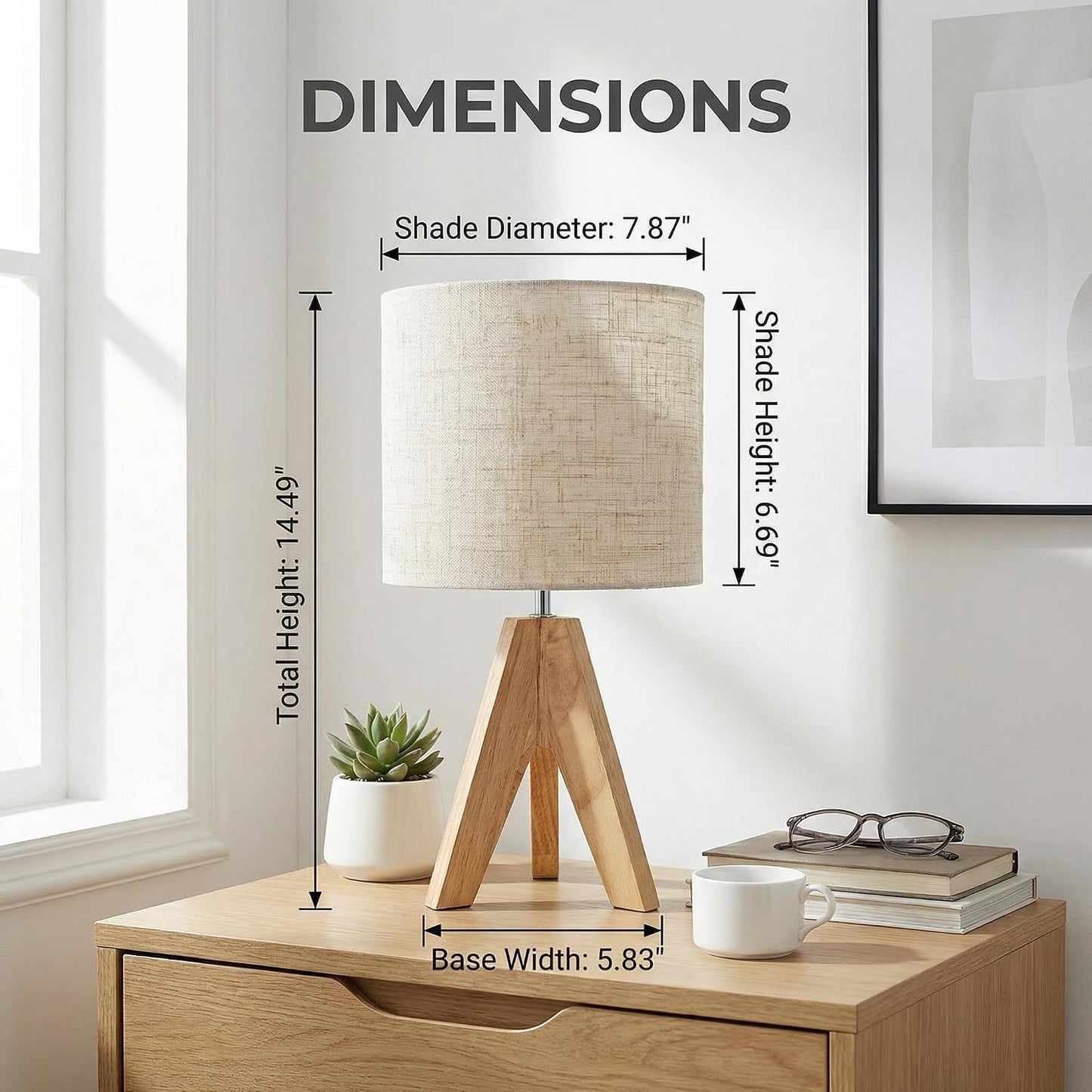 Lámpara mesa moderna trípode tela blanca base madera dormitorio