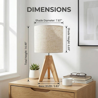 Lámpara mesa moderna trípode tela blanca base madera dormitorio