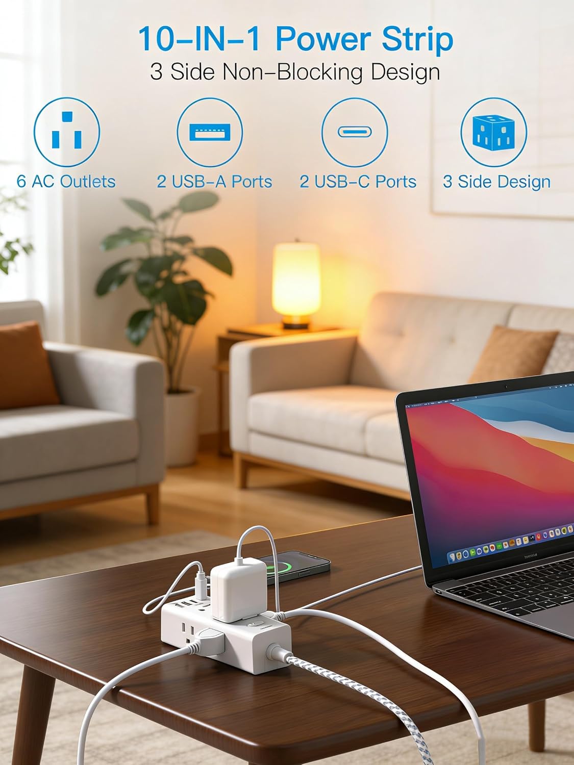 Cable extensión 10ft 6 salidas 4USB incluye protección