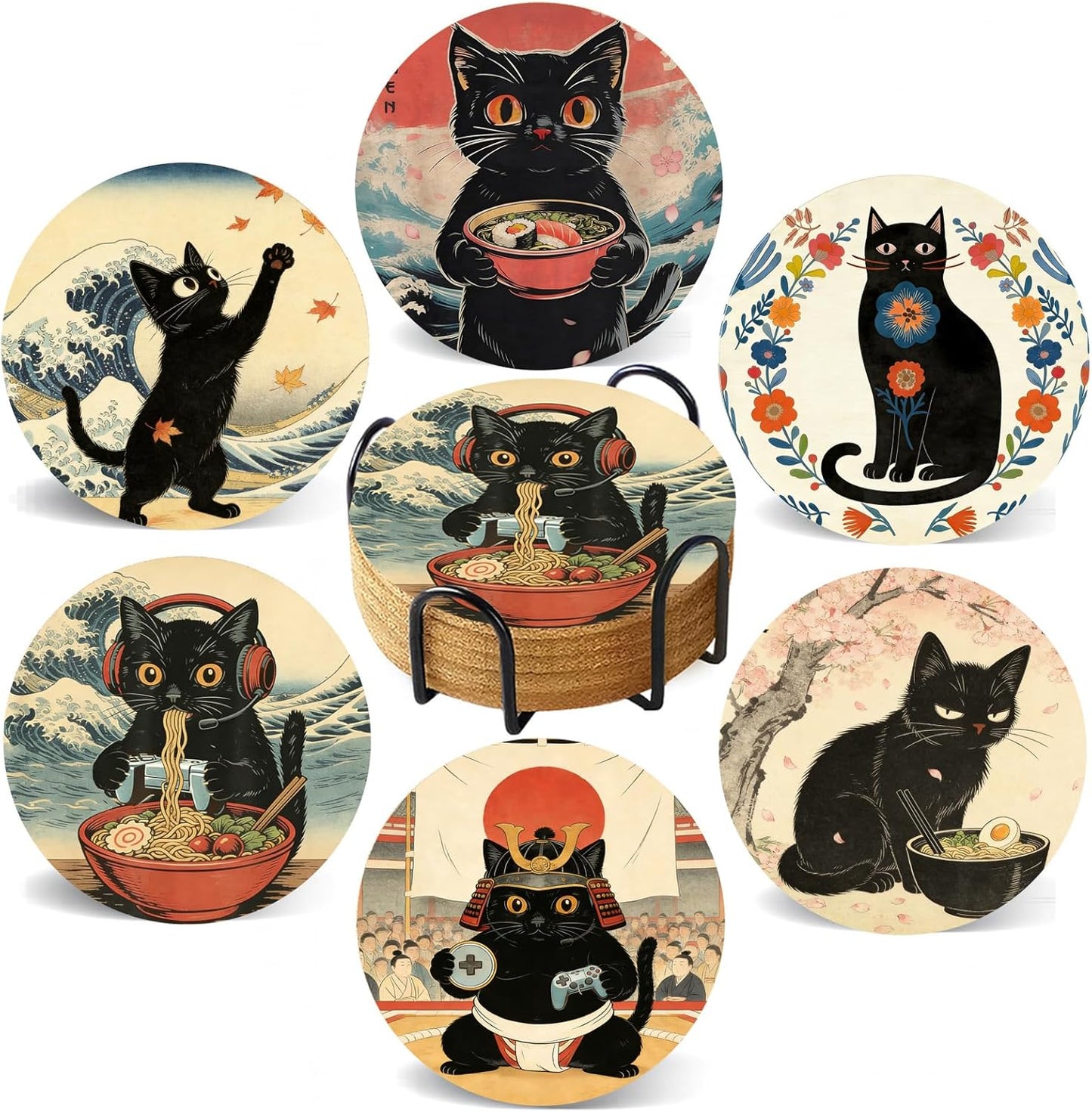 Juego de 6 posavasos con soporte de corcho absorbente gato ninja japonés anime