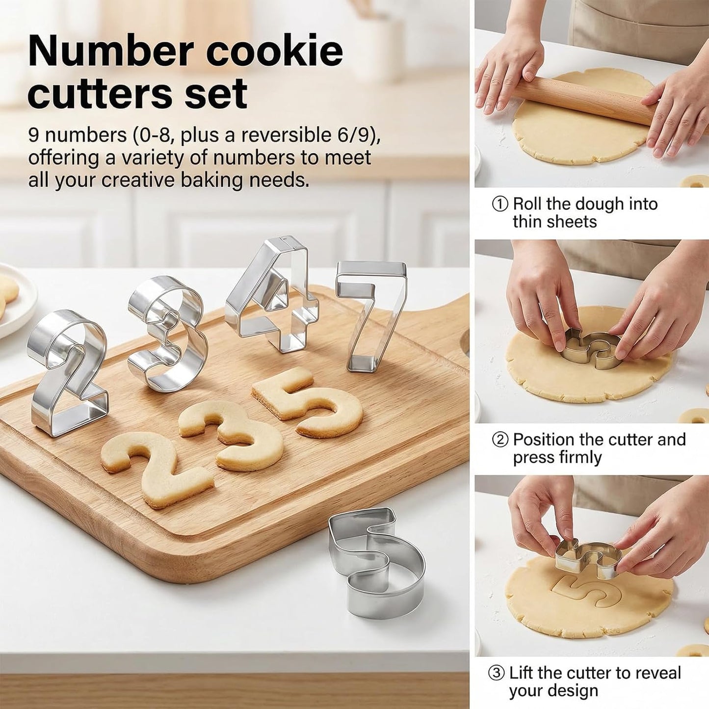 Juego de 9 cortadores de galletas de números 0 al 9 de acero inoxidable