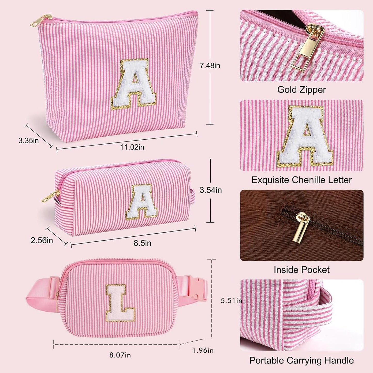 Set 3 bolsas maquillaje viaje con monograma y bolsa cintura