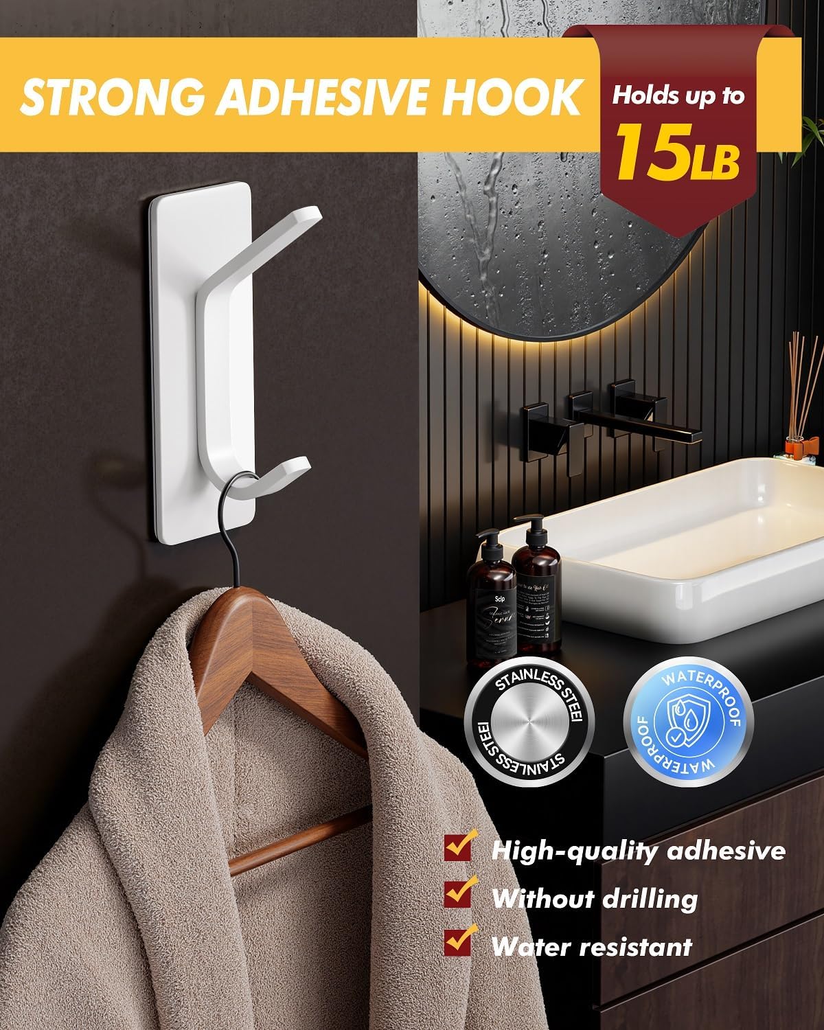 Ganchos autoadhesivos acero inox 15lb para baño ducha cocina