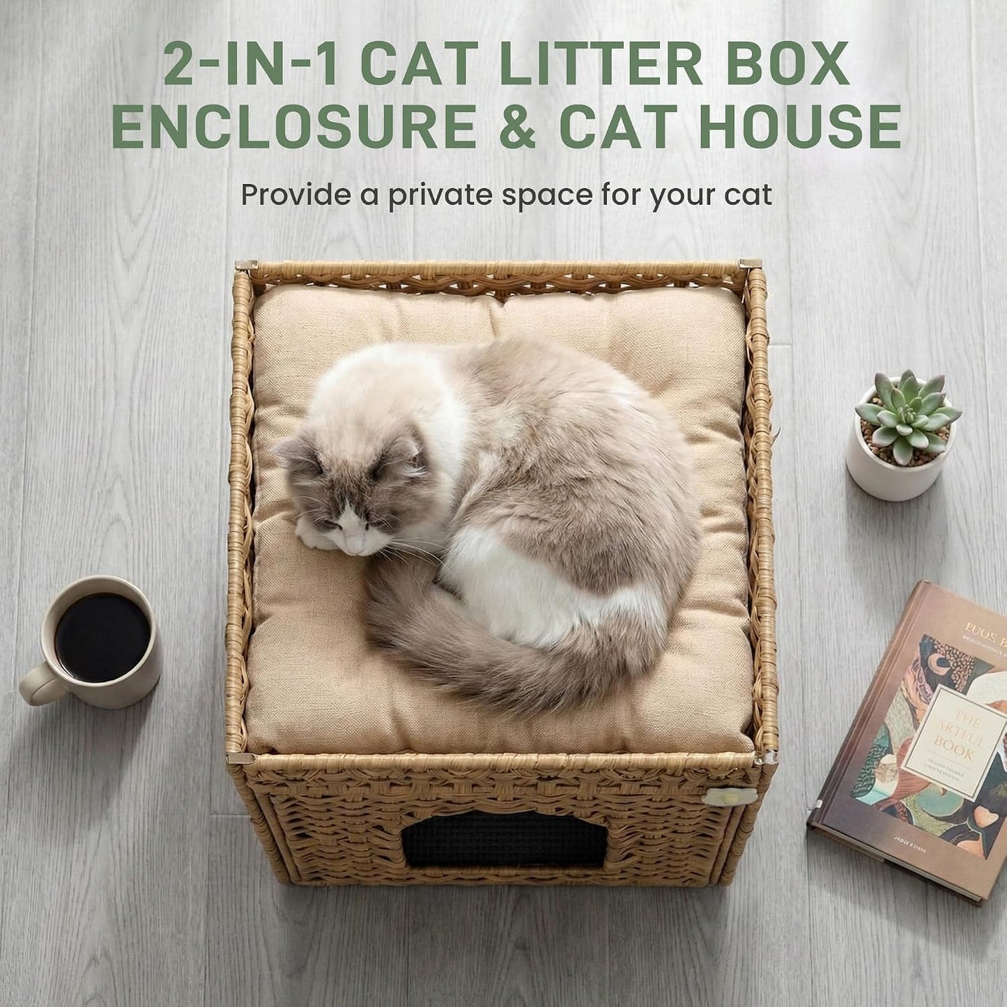 Caja arena para gatos de ratán ventilada con alfombrilla