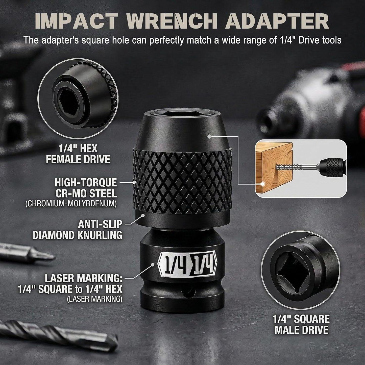 Adaptador llave impacto 1/4 pulg cuadrado a hexagonal