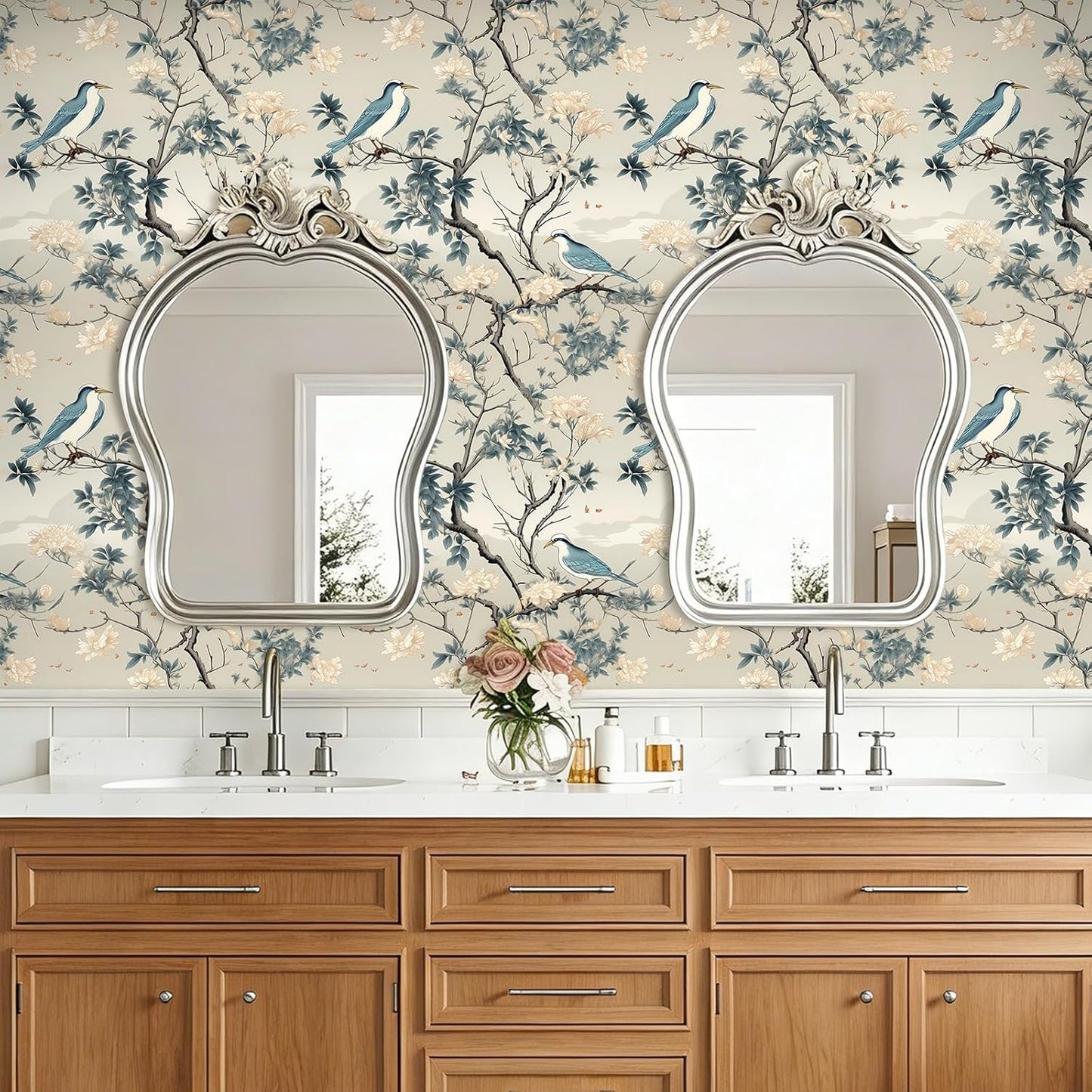 Papel tapiz vintage pájaro azul floral despegable