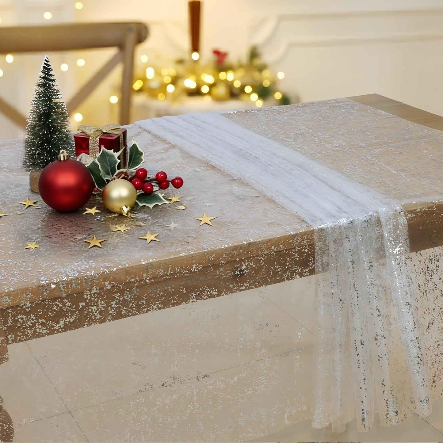 Mantel rectangular de gasa blanco 58 x 84 pulgadas con purpurina y lámina plateada