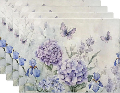 Juego de 4 manteles individuales de hortensias moradas 12 x 18 pulgadas
