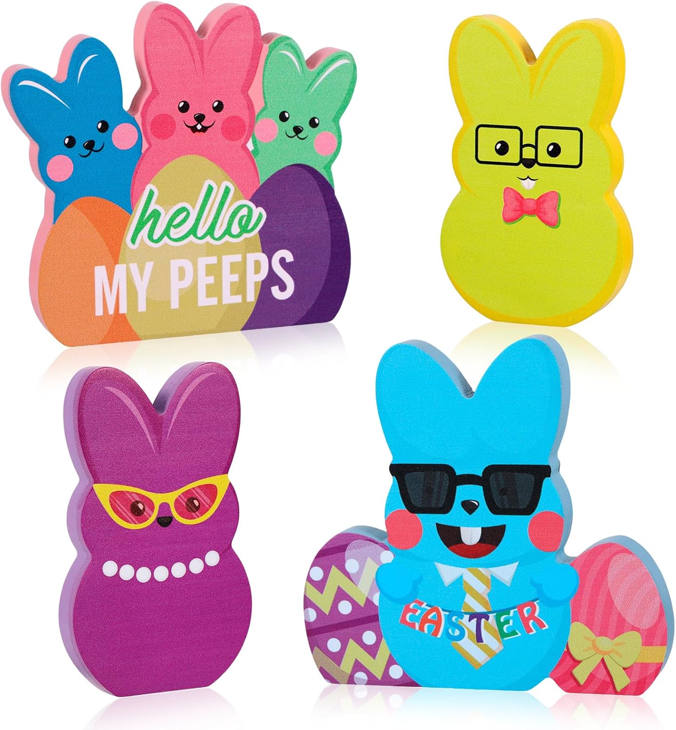 Decoraciones de conejo de madera de Pascua 4 letreros coloridos para mesa y hogar
