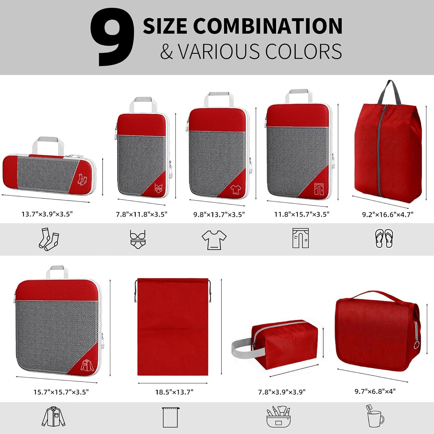 Set 9 Cubos Embalaje con Bolsa Colgante Tela Malla Rojo