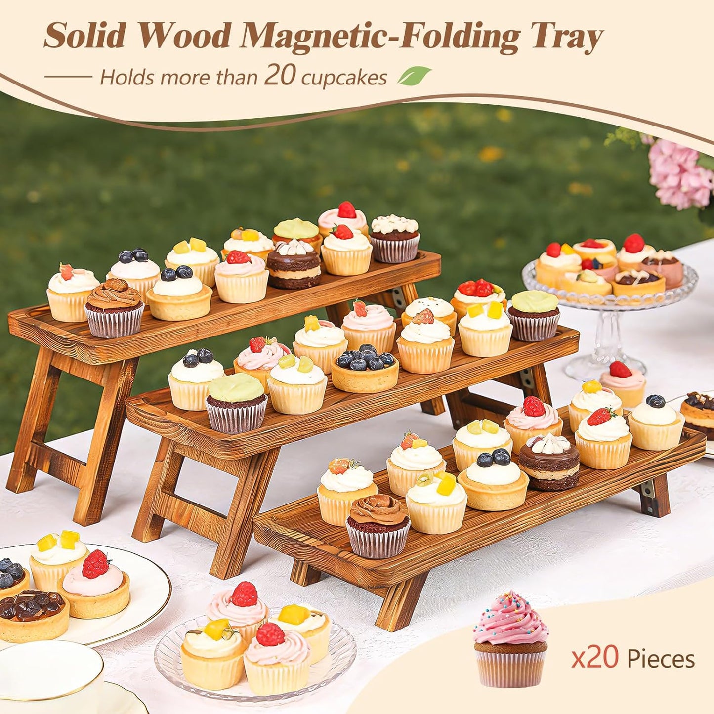 Bandeja de madera 3 niveles plegable para exhibición de postres y decoración de mesa