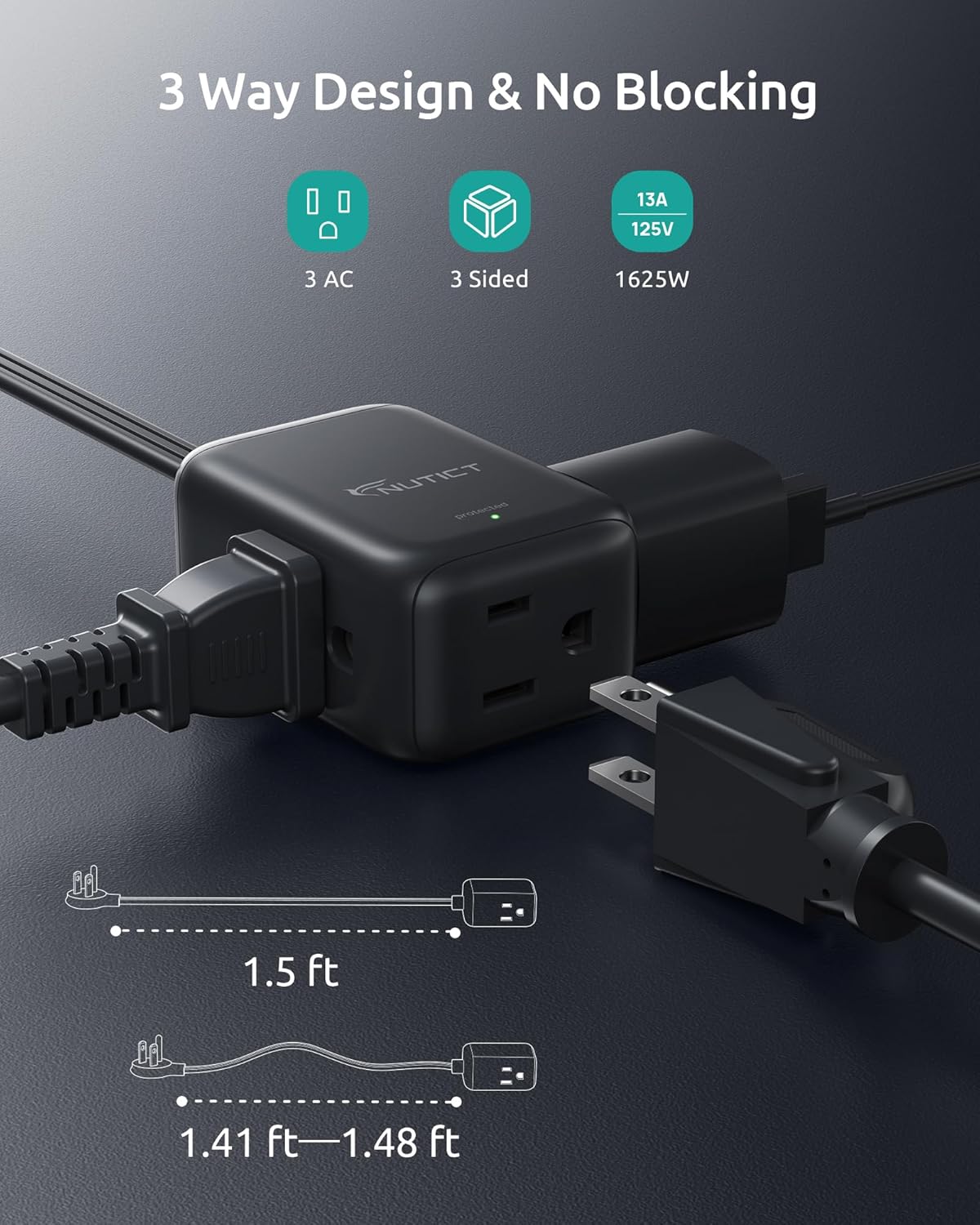 Cable extensión plano con 3 tomas 1.5pies protege sobretensiones