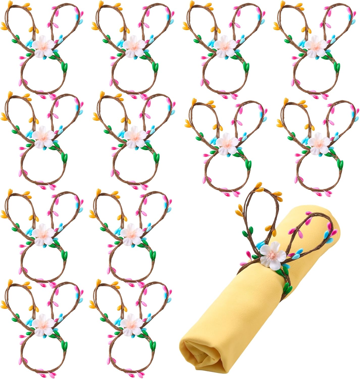 Juego de 12 servilleteros de conejo de Pascua y flores de primavera