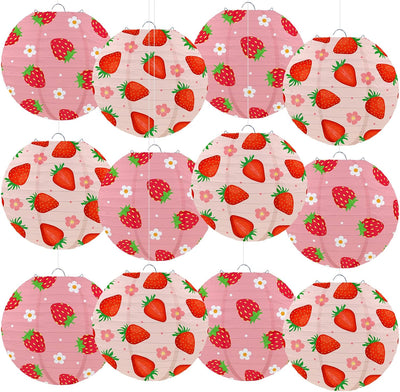 12 Faroles Colgantes Fresas Rojas y Rosadas 10pulg