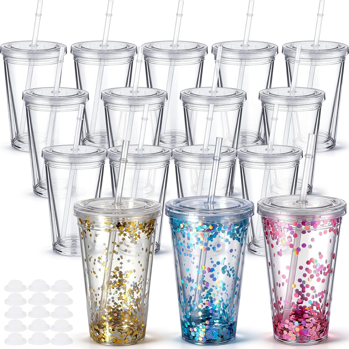 Vasos acrílicos globo nieve 16oz con pajitas y tapas doble pared