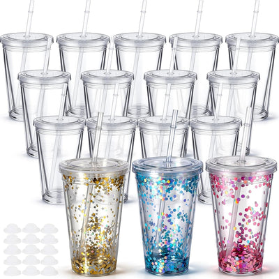 Vasos acrílicos globo nieve 16oz con pajitas y tapas doble pared