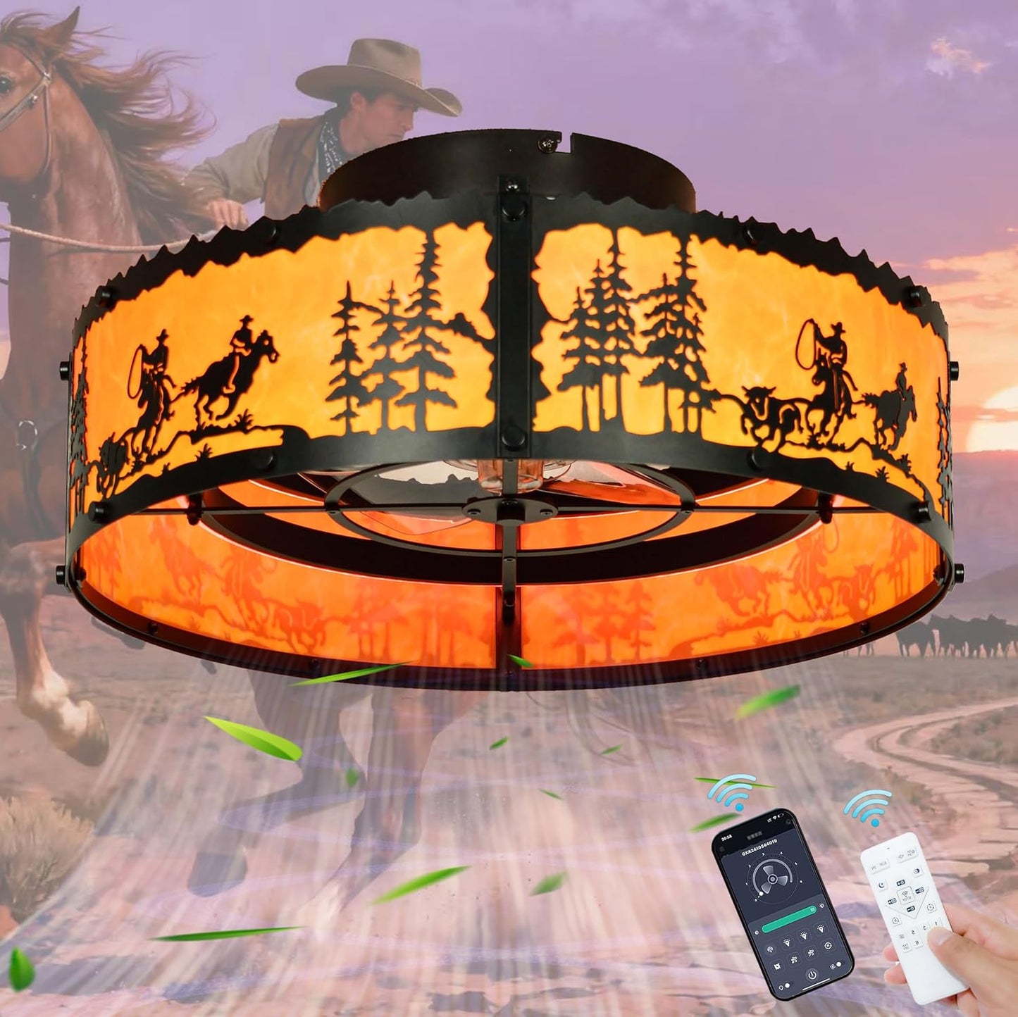 Ventilador techo enjaulado luces control remoto diseño caballo