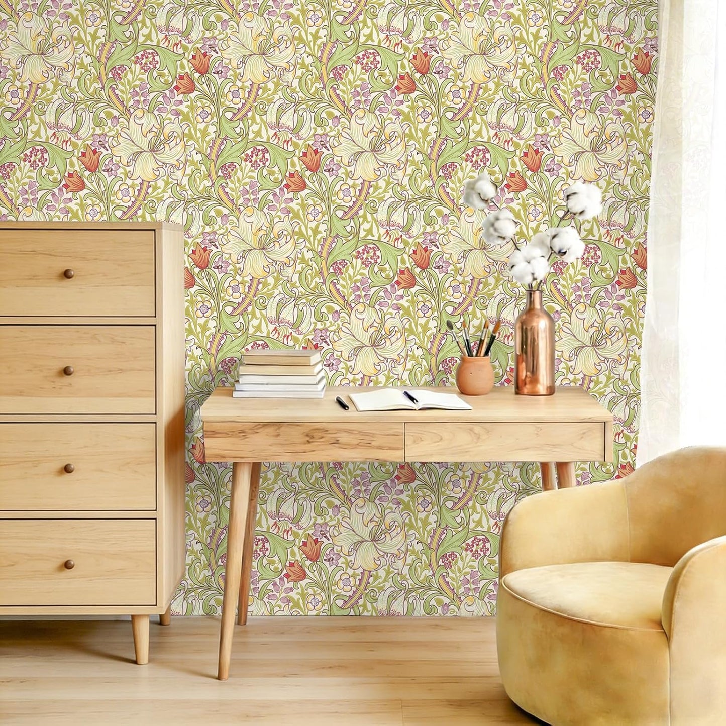 Papel tapiz vintage William Morris lirio dorado 17x118pulg