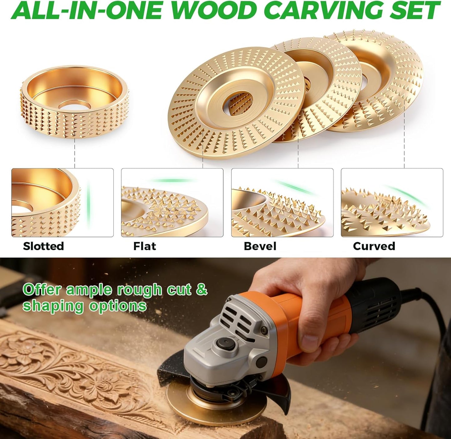 Set 5 Discos Tallado Madera para Amoladora 4 y 4 1/2