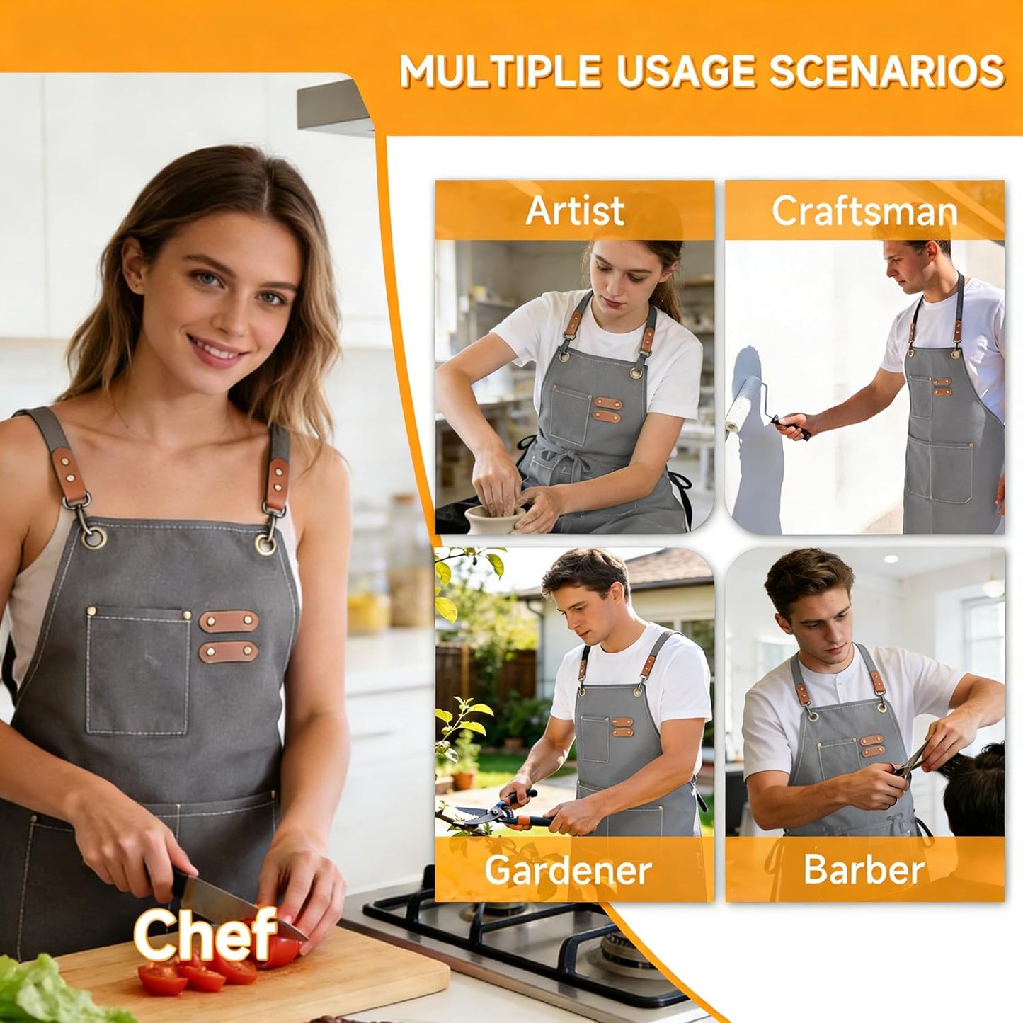 Delantal Chef Impermeable Algodón Lona Bolsillos Grandes