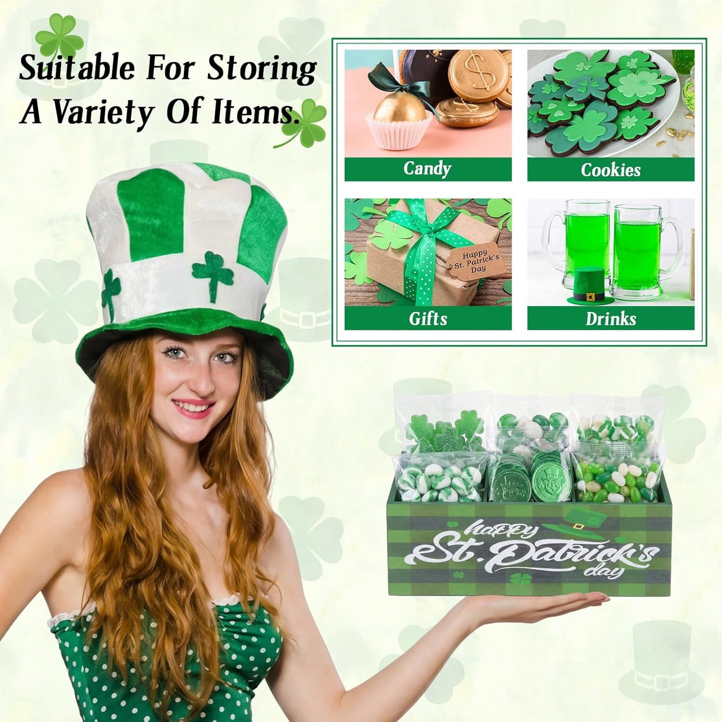 Cuenco de madera para dulces día de San Patricio trébol irlandés