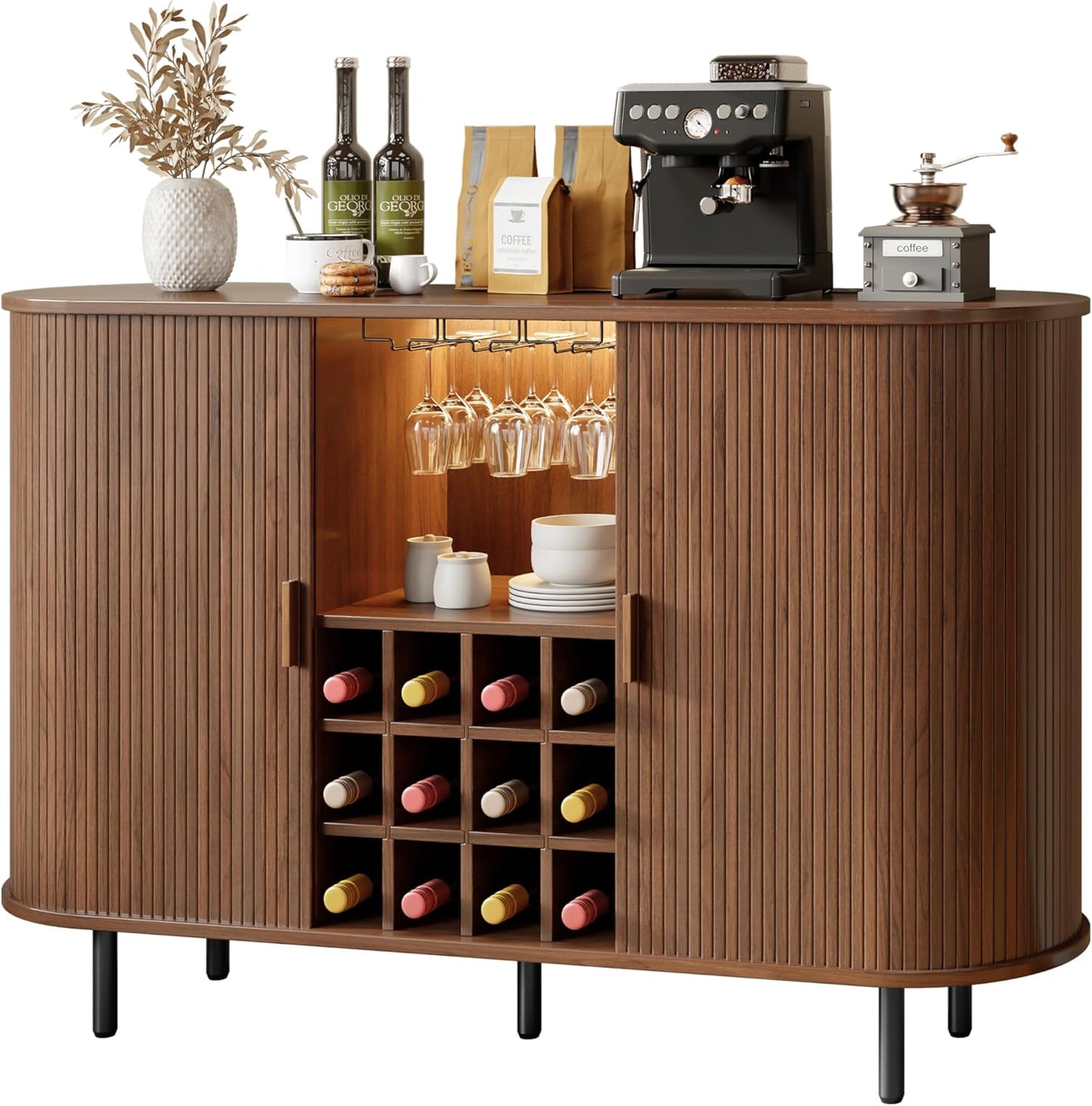 Gabinete vino 55pulg con luz LED y estación café moderna