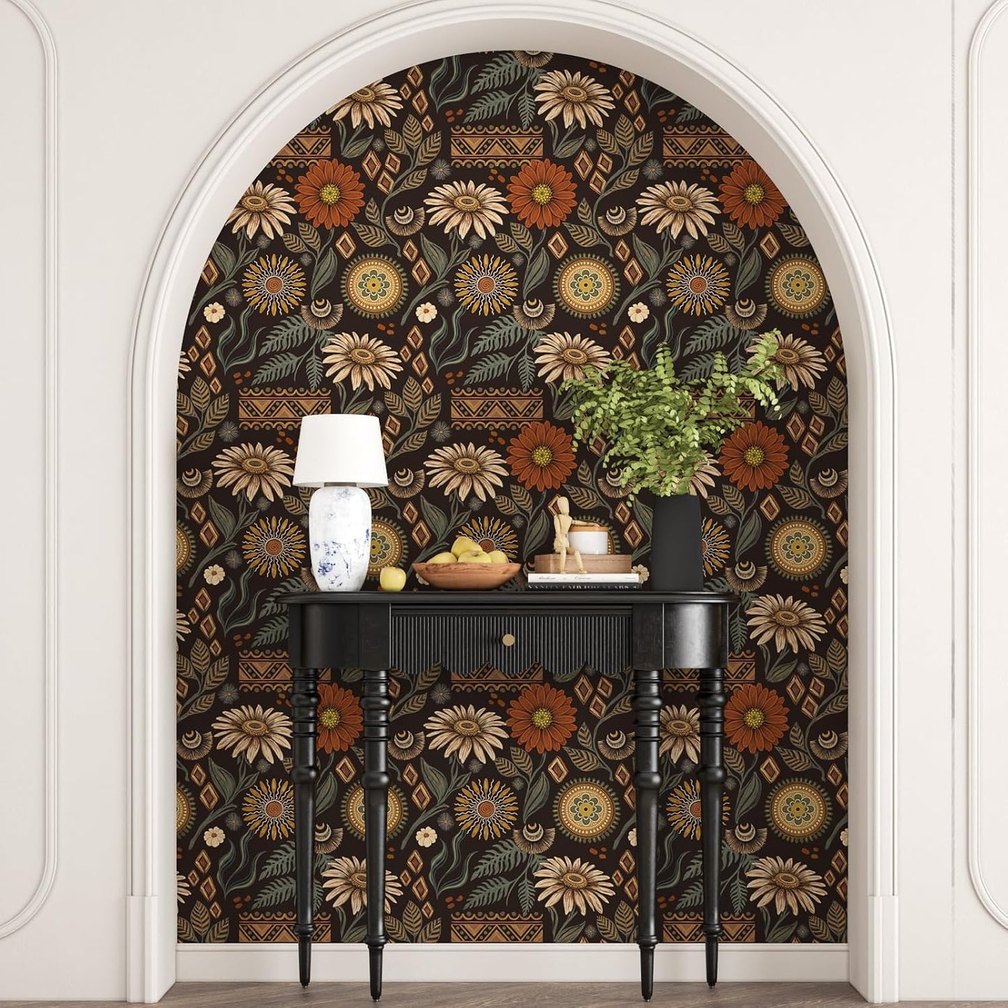 Papel tapiz floral negro autoadhesivo 17.5x118pulg