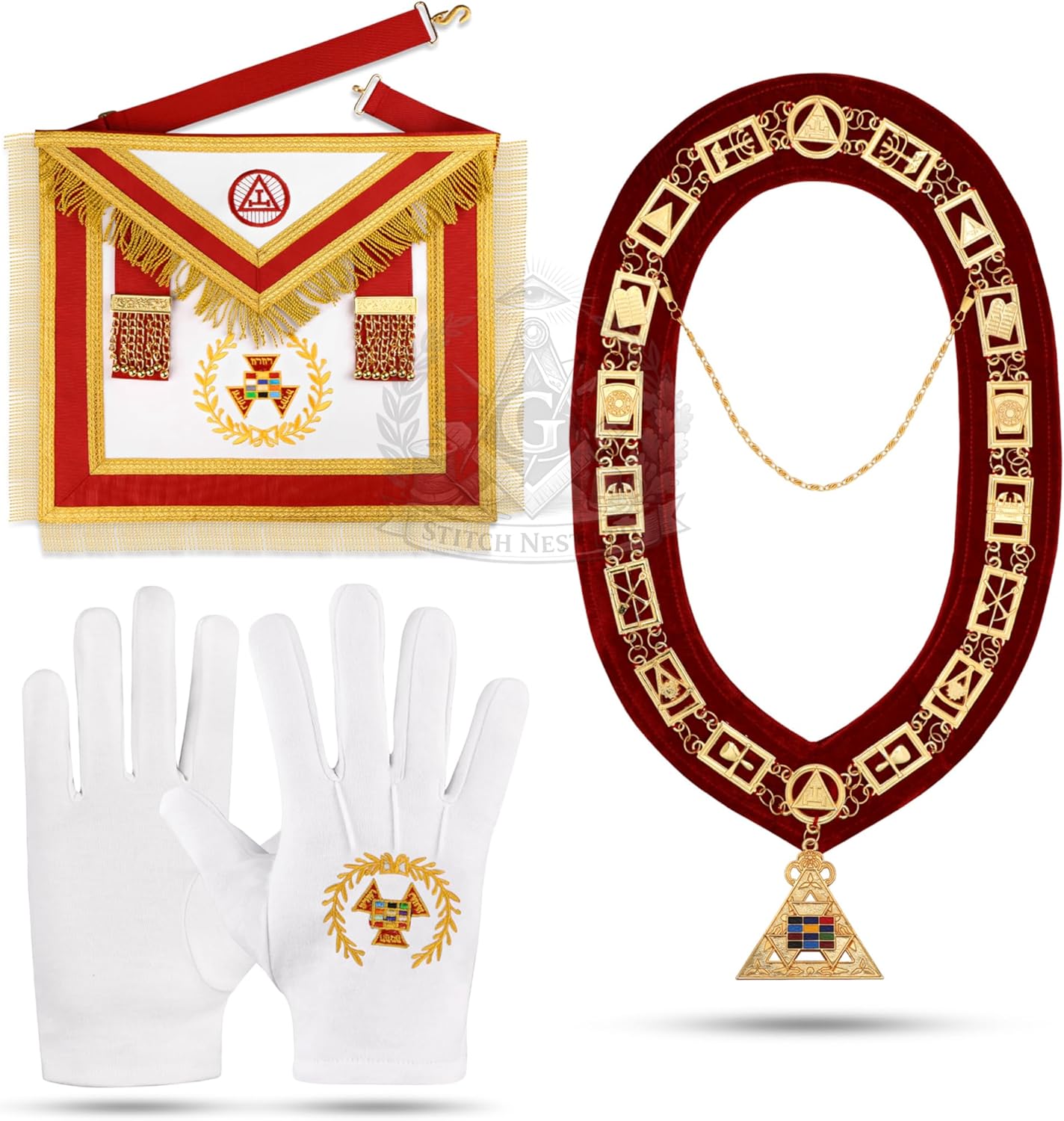 Delantal regalía masonería collar cadena joya guantes bordados rojo dorado