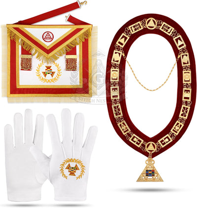 Delantal regalía masonería collar cadena joya guantes bordados rojo dorado