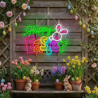Letrero neón conejo Pascua LED decoración hogar