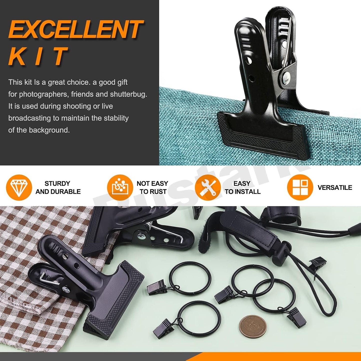 22 Abrazaderas Resorte para Telón Fondo Clips Elásticos Kit Surtido