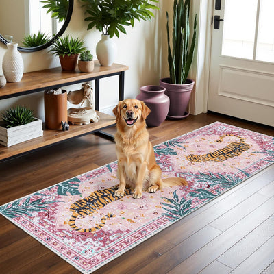 Alfombra vintage 2x6 antideslizante color rosa cocina