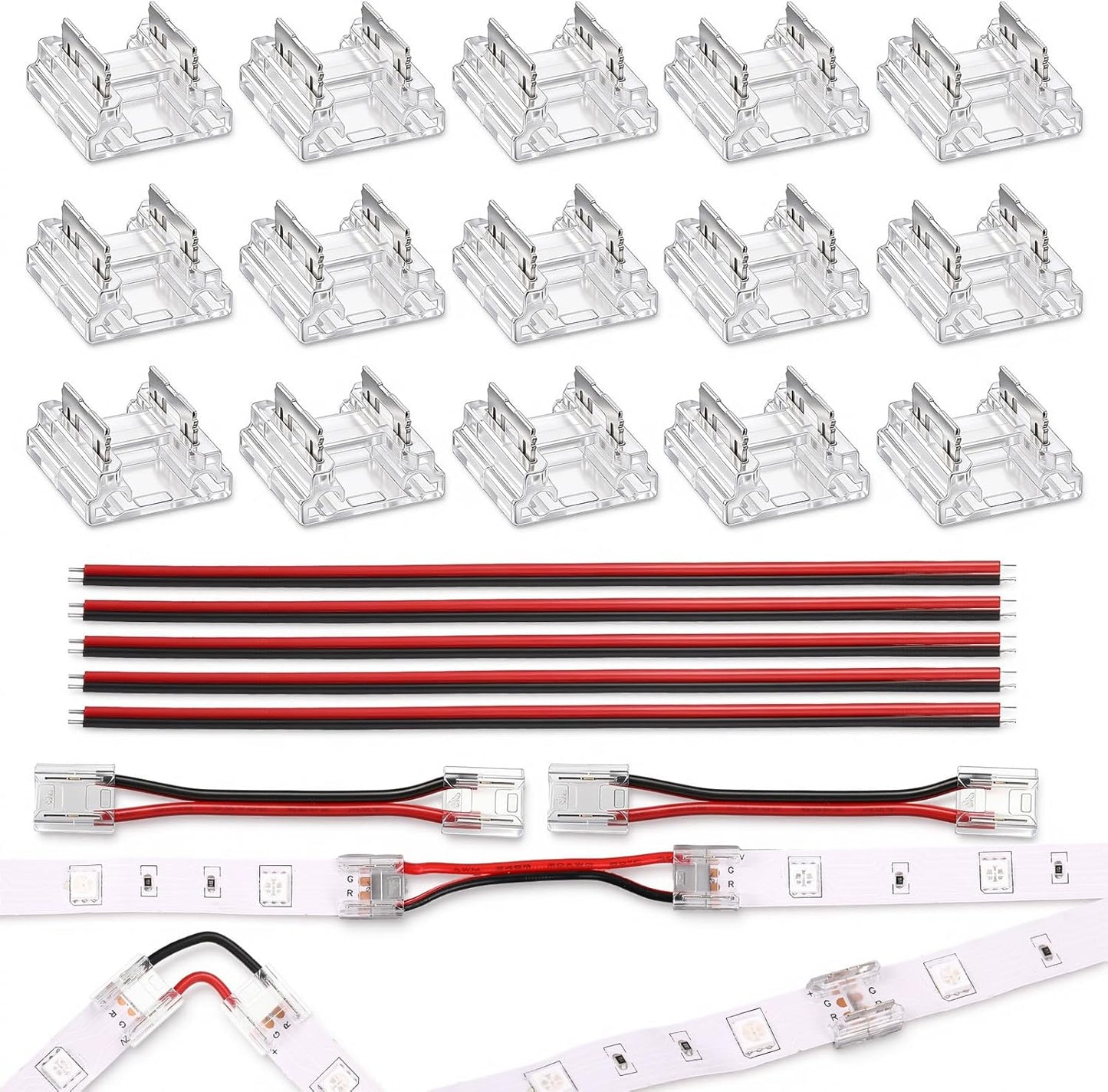 Conector LED 4en1 para tira COB 10mm 15 Pzas con cables extensión